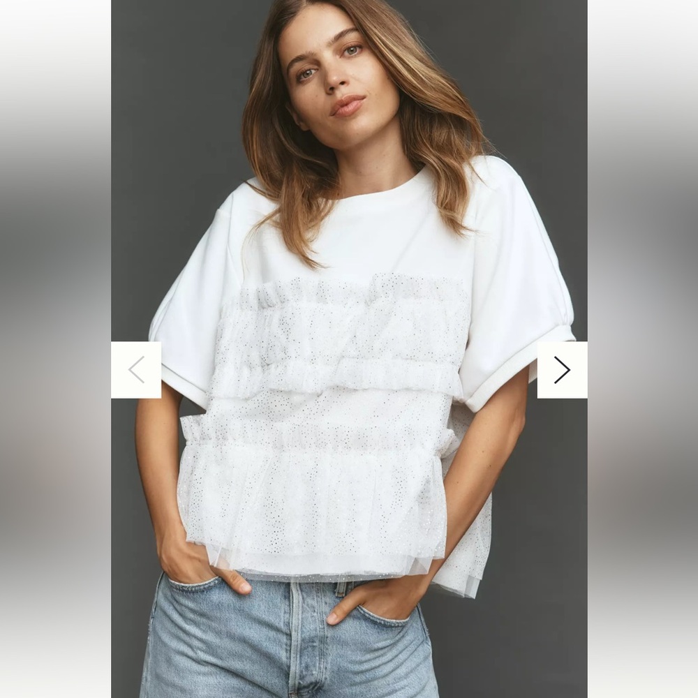 Anthropologie Maeve Short-Sleeve Smocked Ruffled Sweatshirt Glitter Tulle XS NWT